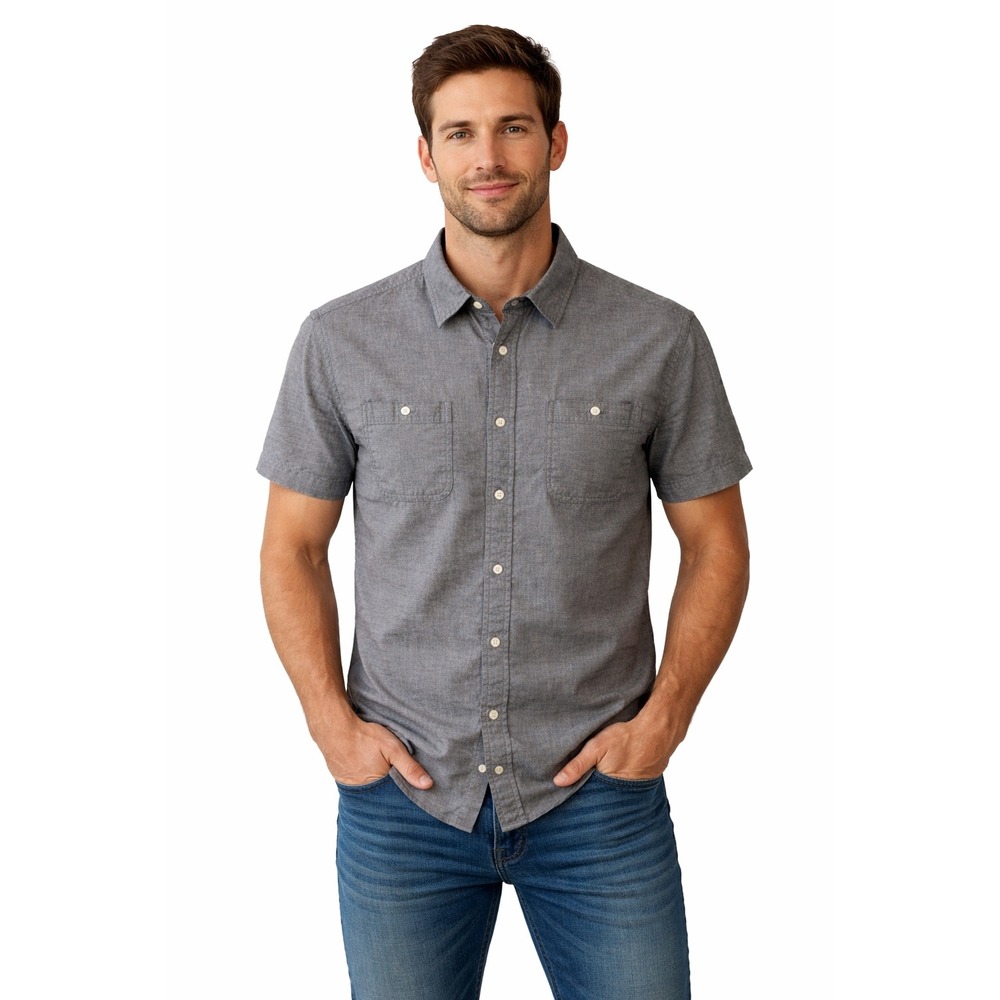 Mutual Weave Mens‎ Short Sleeve Button Down Shirt Blue Denim Dual Pocket Large